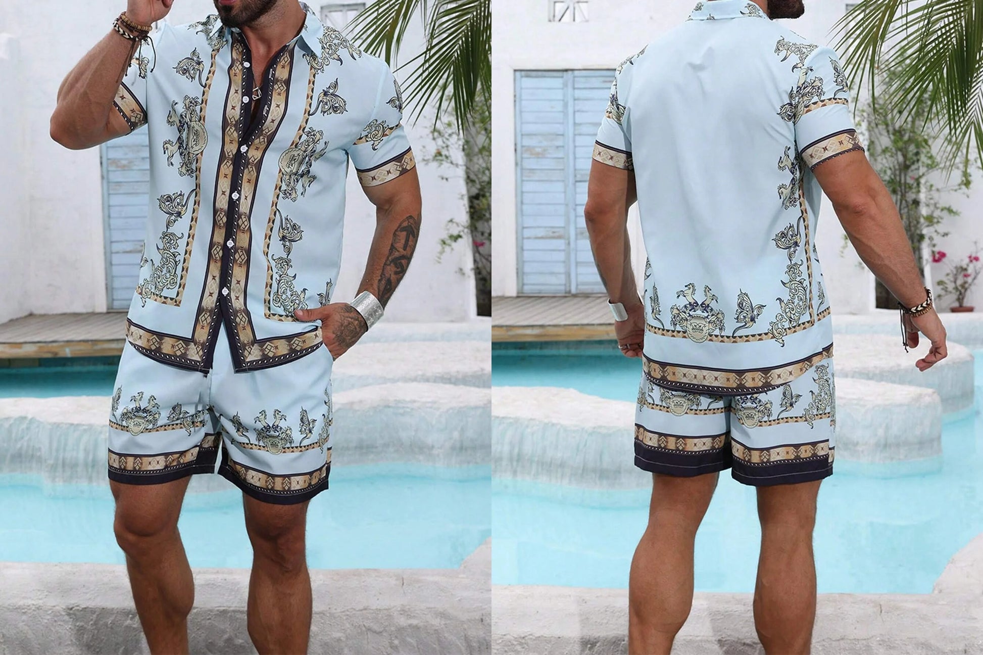 Baroque Luxury Printed Men's Shirt Shorts 2 Piece Set Summer Casual Shirt Hawaiian Beach Short-sleeved Men's Suits Clothing.