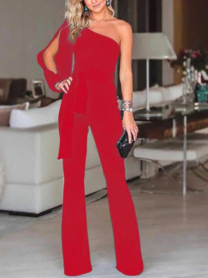 2025 Summer New Women's High Waist Tie Up Solid Color Slim Fit Sexy Jumpsuit Slant Shoulder Elegant Banquet Women's Wear.