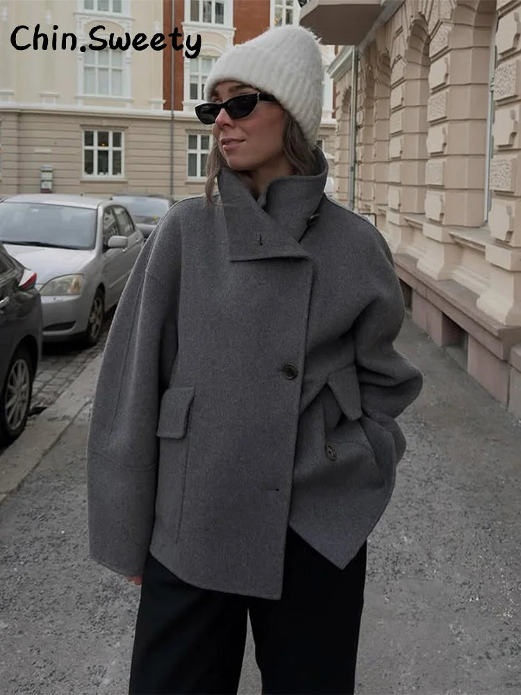 Straße Batwing Hülse Cape Gürtel Mäntel Frauen Lose Solide Stehkragen Einreiher Jacke 2025, Herbst Dame Alle-spiel chic Mantel.