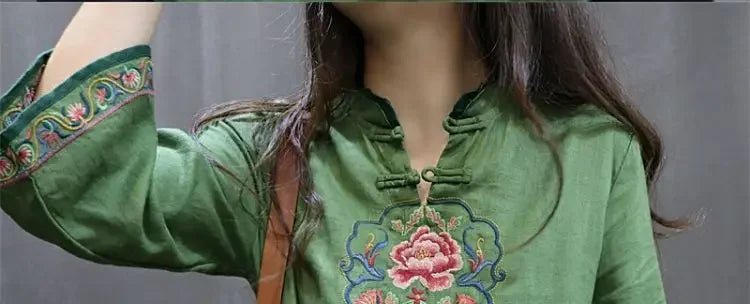 Damen-Bluse im Vintage-Stil aus Baumwolle und Leinen, mittellang, siebte Ärmel, Stickerei, ethnischer Rock mit lockerer Passform, chinesischer Stil.