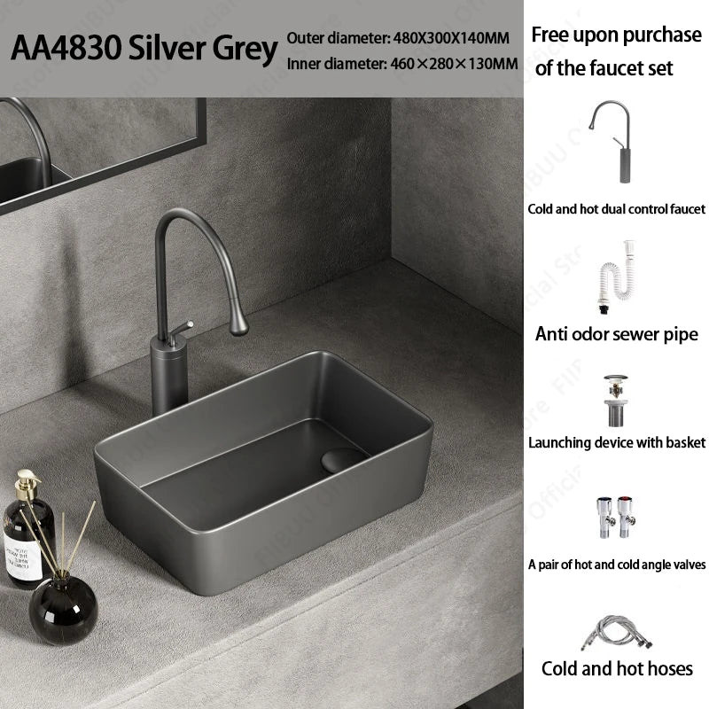 Rechteckiges silbergraues Porzellan-Keramikgefäßwaschbecken über der Theke, Toilette, Badezimmer-Schminktisch, Waschbecken, glasiertes weißes Waschbecken