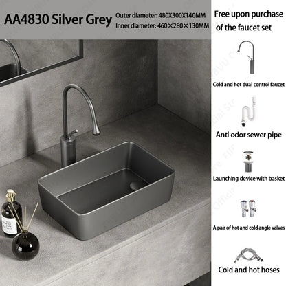 Rechteckiges silbergraues Porzellan-Keramikgefäßwaschbecken über der Theke, Toilette, Badezimmer-Schminktisch, Waschbecken, glasiertes weißes Waschbecken