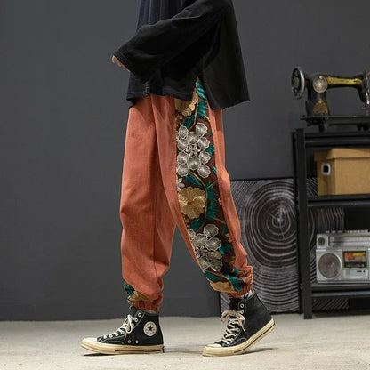 Fashion Casual Pants Men's Clothing Cotton Japanese Samurai Embroidery Patchwork Harem Trousers Oversized Harajuku Joggers Male.