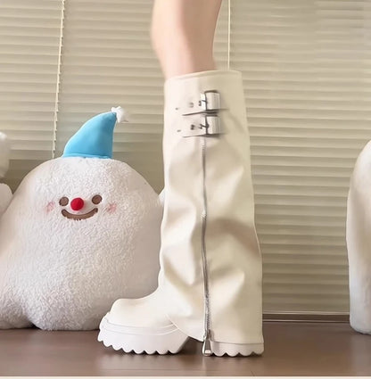 Punk Style Splicing Thick Bottom Women Knee-High Boots Fashion Zipper Female Pleated Knight Long Booties Shoes.