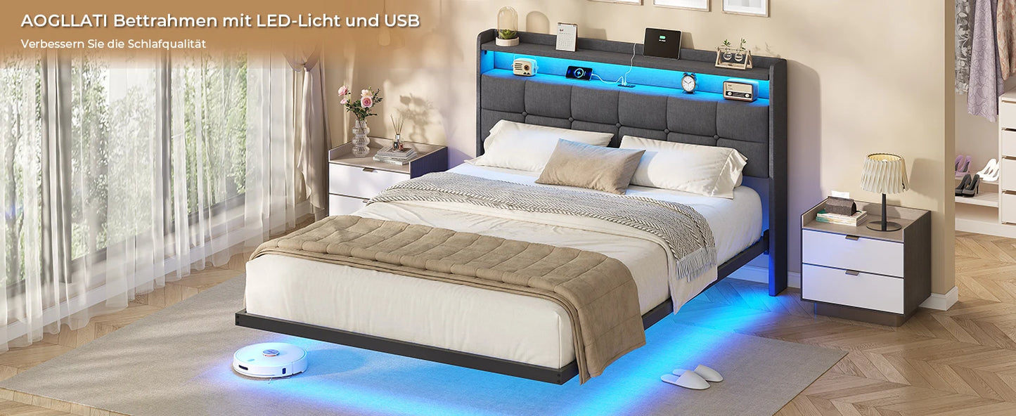 140 x 200 cm großes Polsterbett mit Doppelbettrahmen und LED-Beleuchtung und Ladestation. Kopfteil inklusive schwebendem Bettdesign