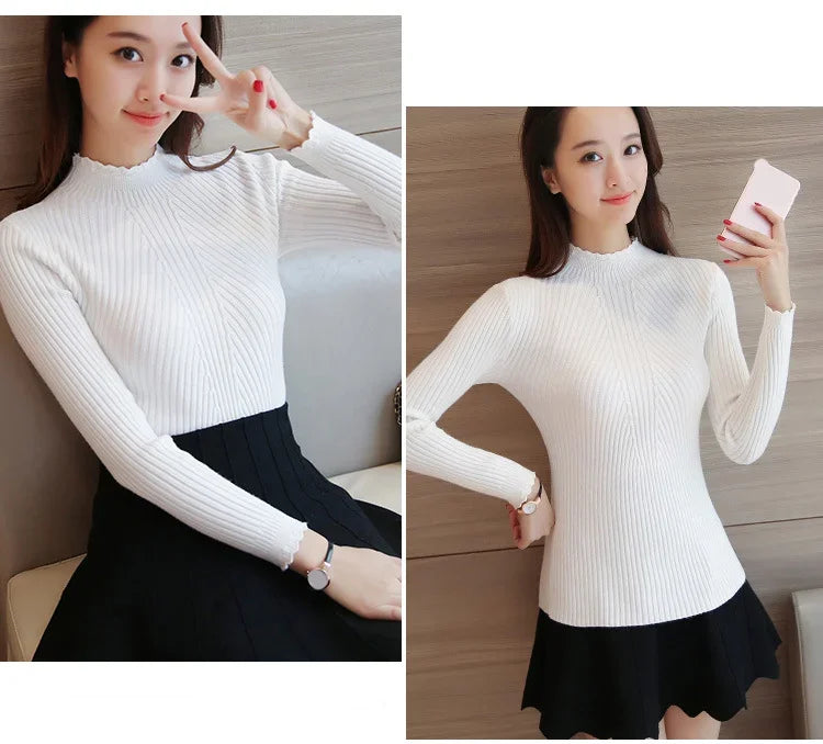 Frauen Mock Neck Rüschen Pullover Langarm Gestrickte Bodenbildung Solide Pullover Frauen Casual Streifen Pullover Herbst Winter 2023.