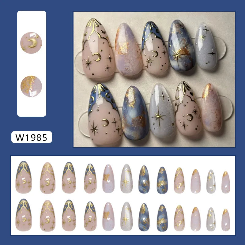 24pcs White Flower Fake Nail Tips Ins Yellow Pink Blush False Nails Wearable Full Cover European Almond Shaped Press on Nails