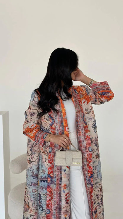 Abaya Miyake Pleated Printed Robe Jacket Arabian Dubai Style Women's Long Sleeve Conservative Demure Muslim Trench Coat 55inches.