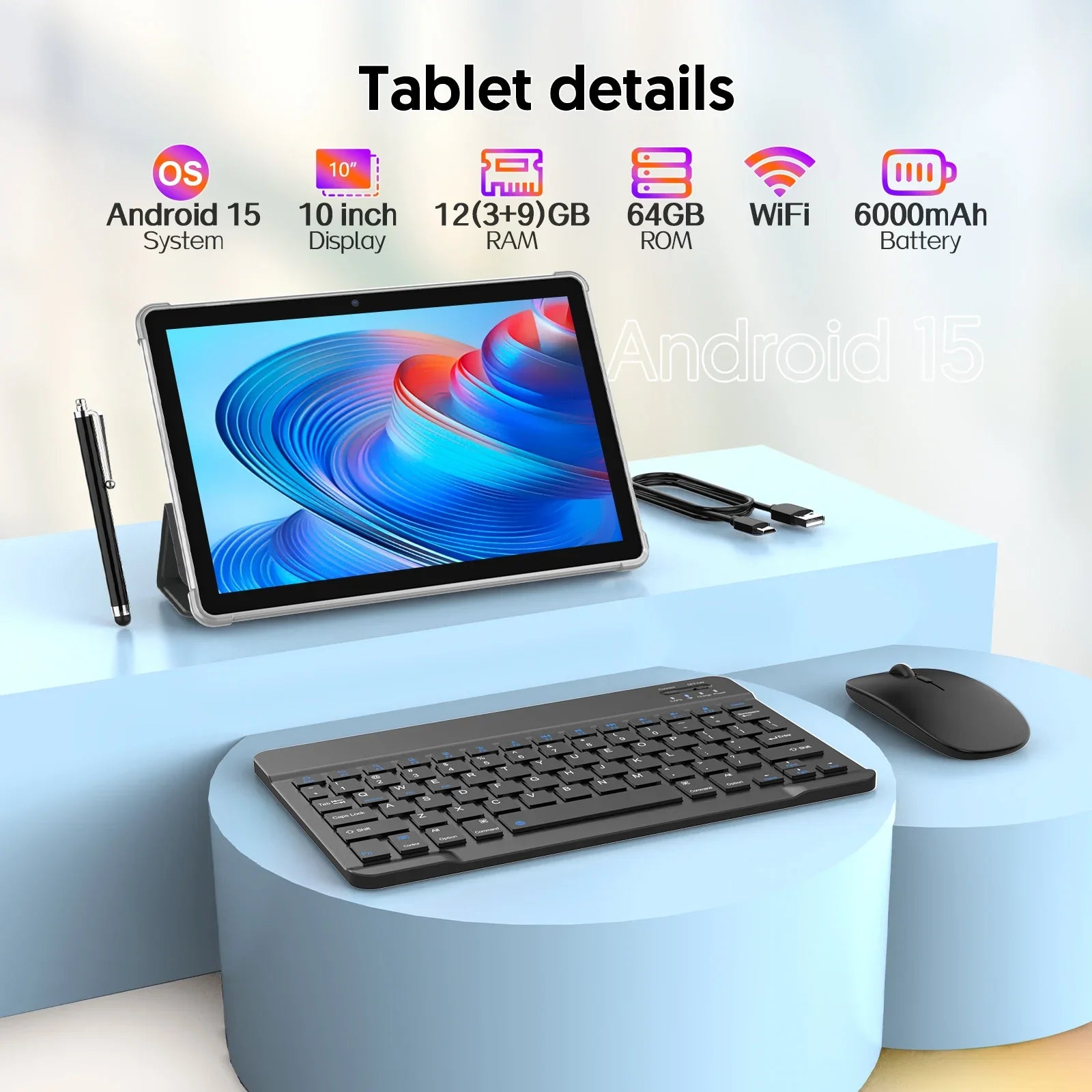 New BAKEN 10-inch Android 15 tablet with 64GB storage, keyboard, leather case, SIM card slot, stylus, mouse, and dual speakers.