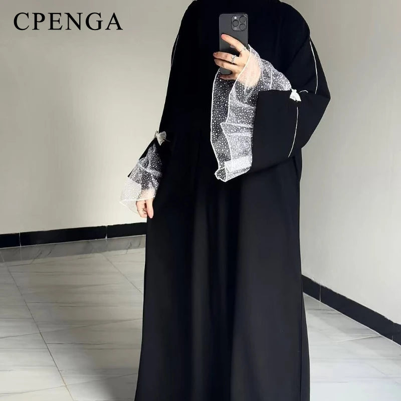 Summer Black Abaya for Muslim Women Elegant Dubai Modest Dress with Lace Sleeves Islamic Vacation Outfit 2025 Turkey Kaftan Robe.