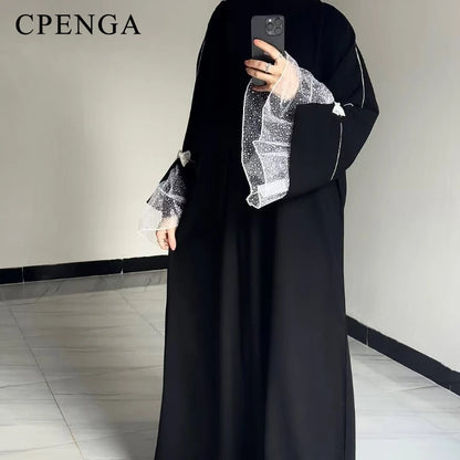 Summer Black Abaya for Muslim Women Elegant Dubai Modest Dress with Lace Sleeves Islamic Vacation Outfit 2025 Turkey Kaftan Robe.