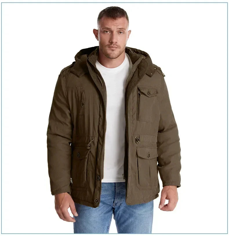 Men's Jacket WINTER USA SIZE Large SIZE Lamb Fleece JACKETS Hooded Cotton Thickened Multi Pocket Casual Mid length Coat
