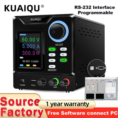 KUAIQU Programmable RS232 Communication DC Power Supply 30V 10A, Adjustable Laboratory Power Supply 60V 5A, 120V 3A, Edit Stored.