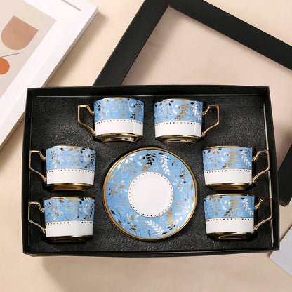 French light luxury retro ceramic coffee cup and saucer set, household tableware, six cups and six saucers, gifts.