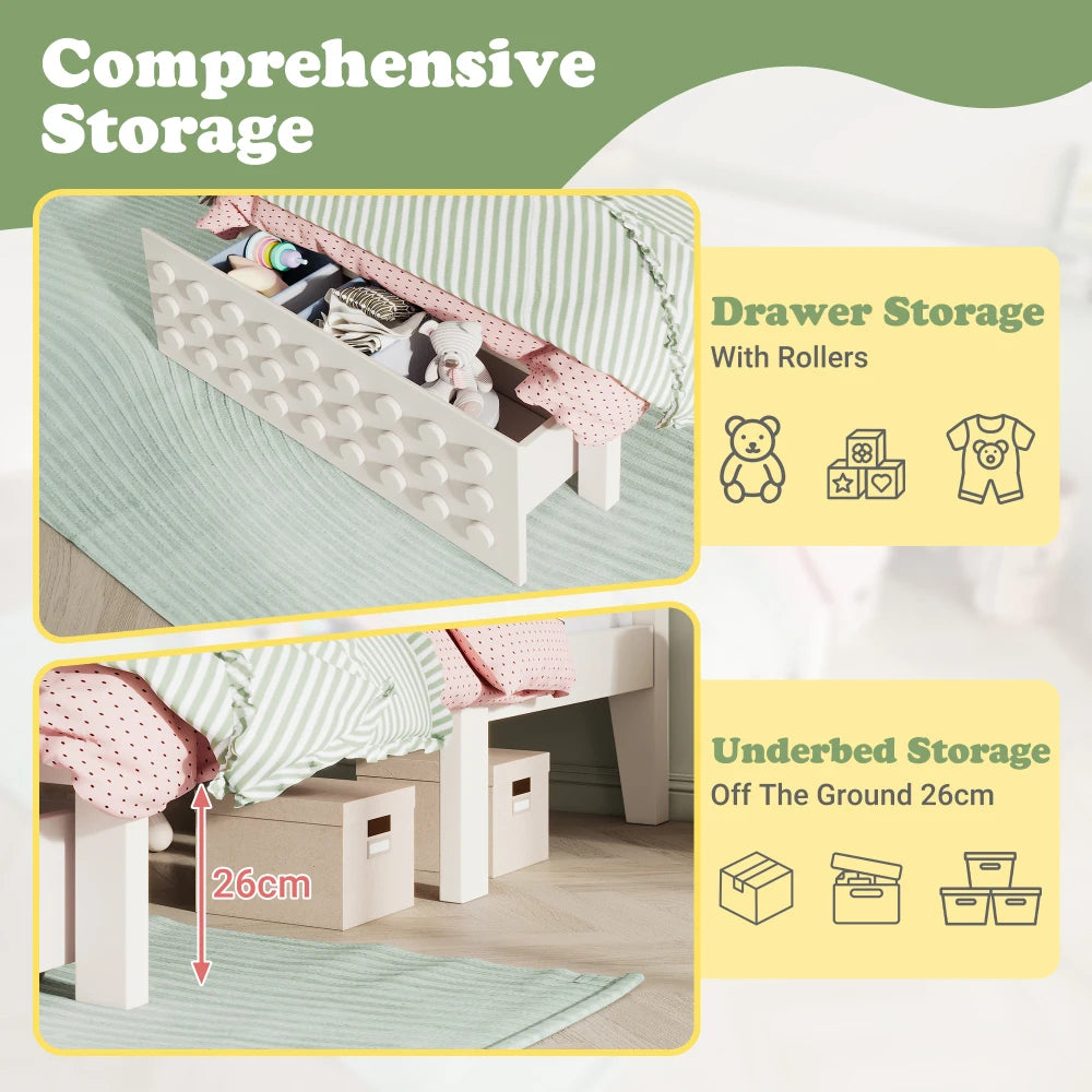 Jugendbett mit kreativem Blockdesign, Gestell aus Massivholz mit Gitterrost, mit Stauraum unter dem Bett, ohne Matratze