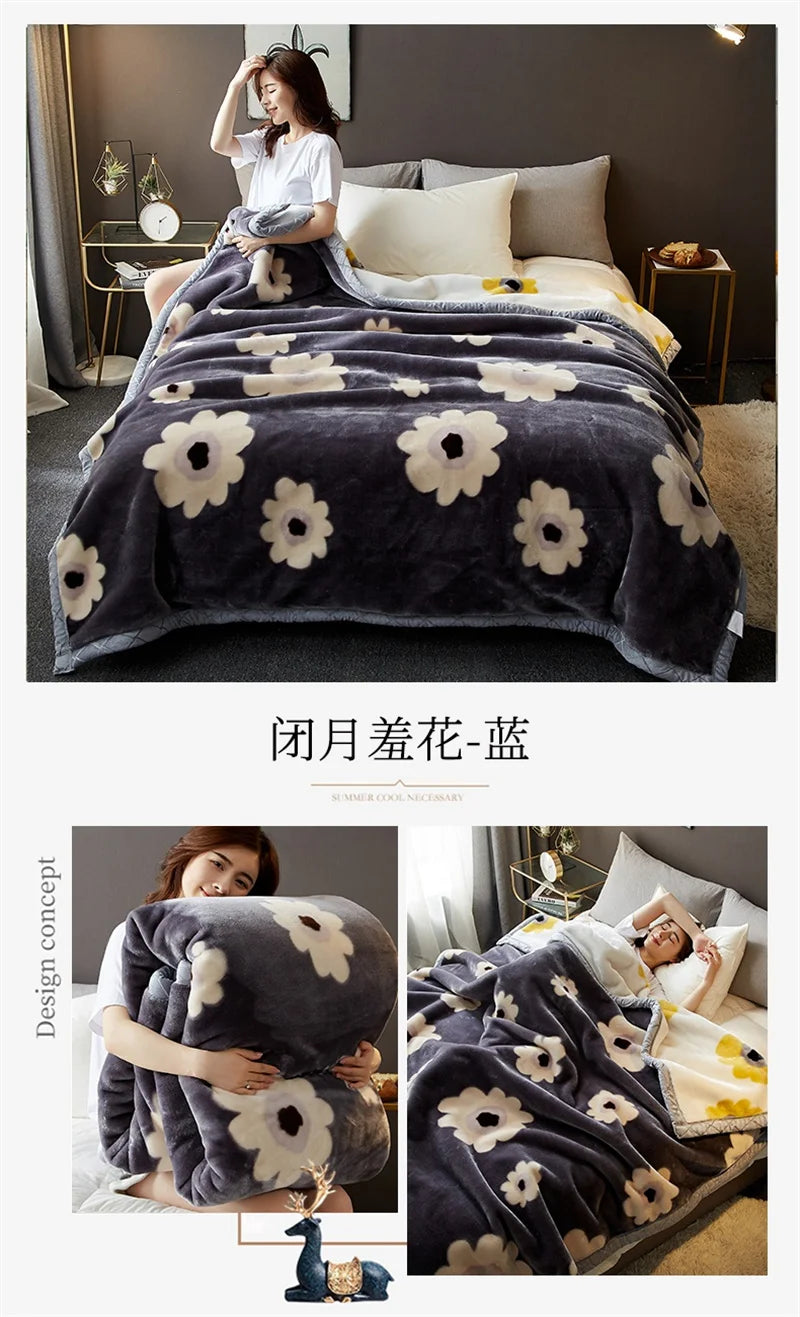 Double Sided Printed Autumn Winter Blankets for Bed Soft Warm Encrypted Flocking Raschel Blanket Skin Friendly Weighted Blanket