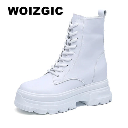 WOIZGIC Women Female Ladies Mother Genuine Leather Ankle Boots Shes Warm Autumn Winter Plush Zipper Motorcycle British Increase.