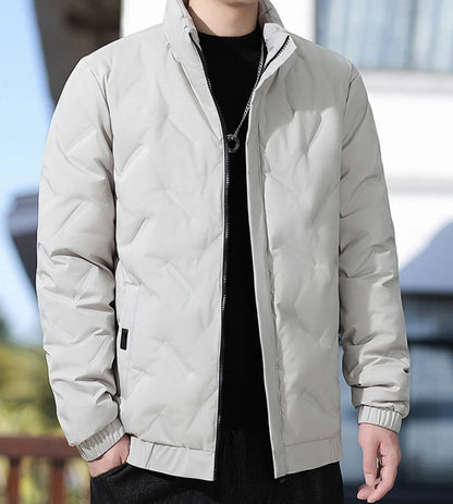 Men's winter standing collar cotton jacket with diamond grid pattern warm jacket, casual solid color fashionable simple jacket.