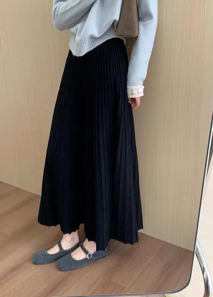 2026 Khaki Cashmere Knitted Midi Skirt for Women, Loose Fit, Draped, Slimming A-Line Pleated Skirt for Autumn and Winter