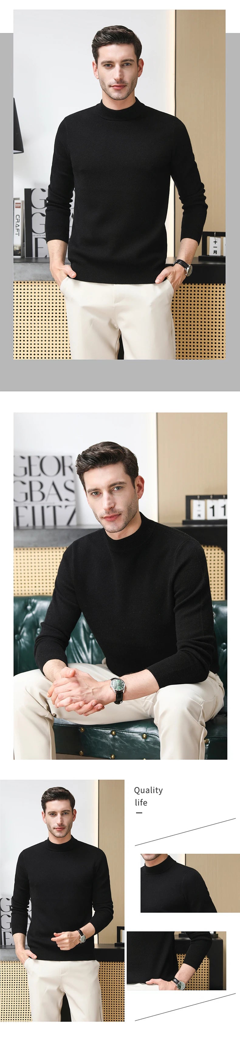 High End 100% Wool Thick New Autum Winter Fashion Brand Pullover Knit Half Turtleneck Business Sweater Casual Men Clothing