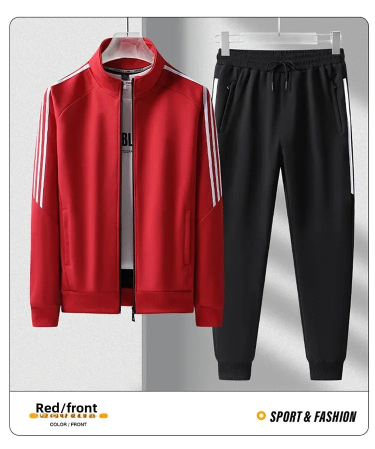 New Casual Men's Sport Suit Striped Ankle-Length Cotton Stand Collar Jacket With Three Buttonts Slim Fit Pants 2-Piece Set.