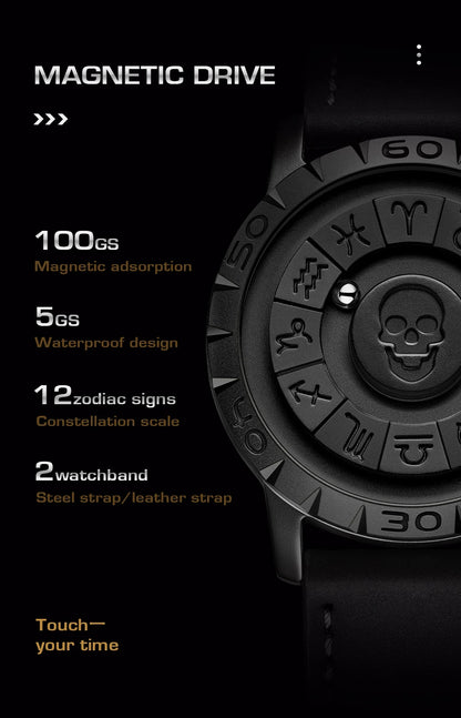 LIGE FOXBOX Unique Design Quartz Man Watch Simple Fashion Leather Belt Casual Sports Magnetic Srolling Beads Skull Men's Watches.
