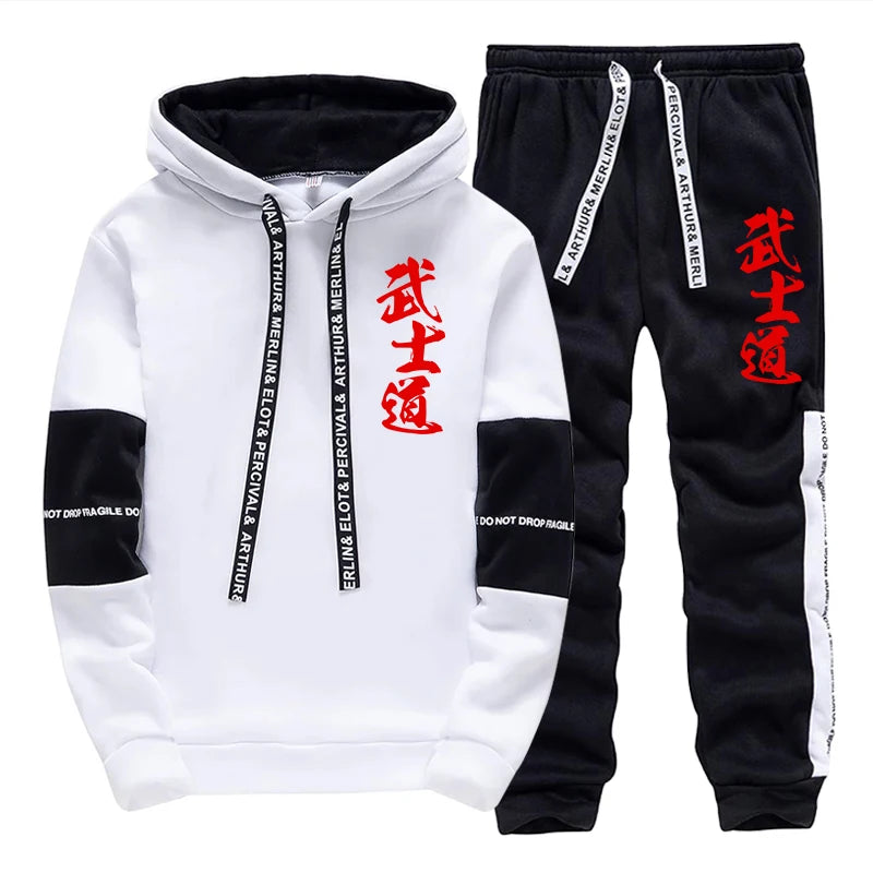Japanese Bushido Print Hoodie Sweatpants Men's Tracksuit Autumn Winter Daily Casual Sporty Jogger Set Urban Fashion Sportswear.