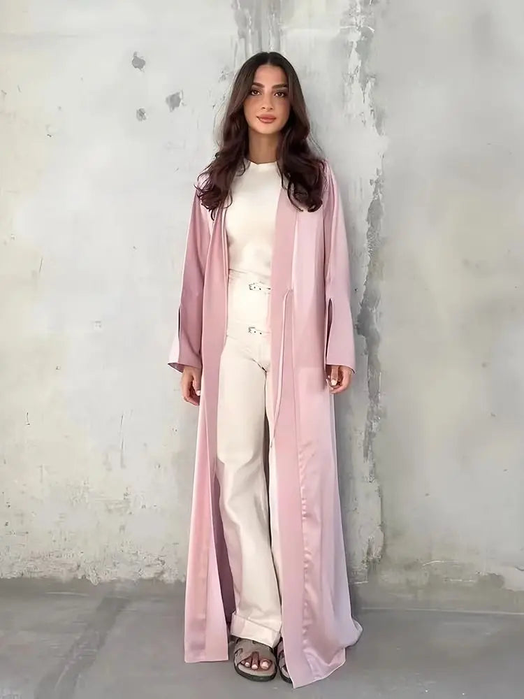 Girl Muslim Palestine Kaftan Dress Open Satin Kimono Pink Abaya Women Dubai Clothing Kebaya Robe Caftan Marocain Femme Musulmane.