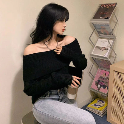 Lucyever Slash Neck Strick pullover Frauen sexy schulter freie Langarm pullover weibliche koreanische elegante verdicken schlanke Pullover Top