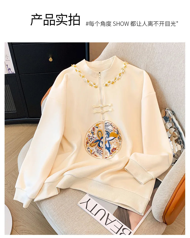 150kg Plus Size Damen büste Frühling Herbst lose neue chinesische Stil Sweatshirt lang ärmel ige geknöpfte Top 5xl 6xl 7xl 8xl 9xl.