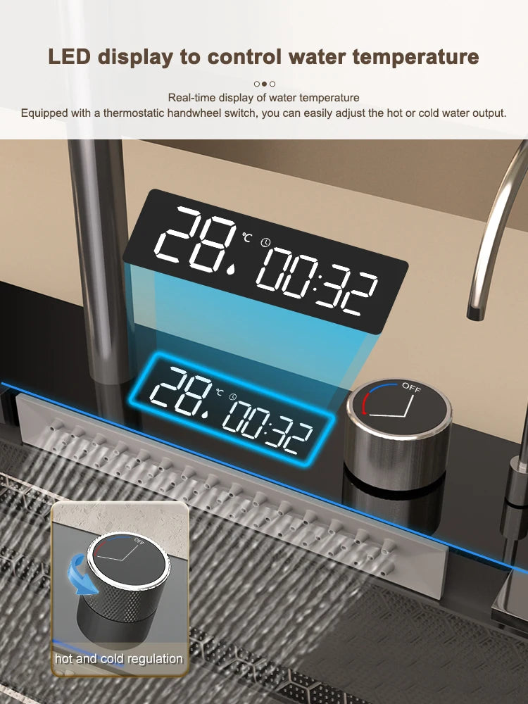 Stainless Steel Waterfall Kitchen Sink Extra Large Single Slot Multifunctional Sinks Digital Display Dishwashing Basin