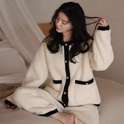 Winter Women Warm Fashion Pajama Sets Sweet   Elegant French Style Girlish Leisure Thicken Flannel Comfort Pajamas.