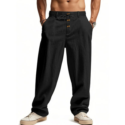 Autumn New Men's Cotton Pants Solid Color Button Drawstring Design Casual Loose Fit Cozy Trousers Simple Style Long Pants