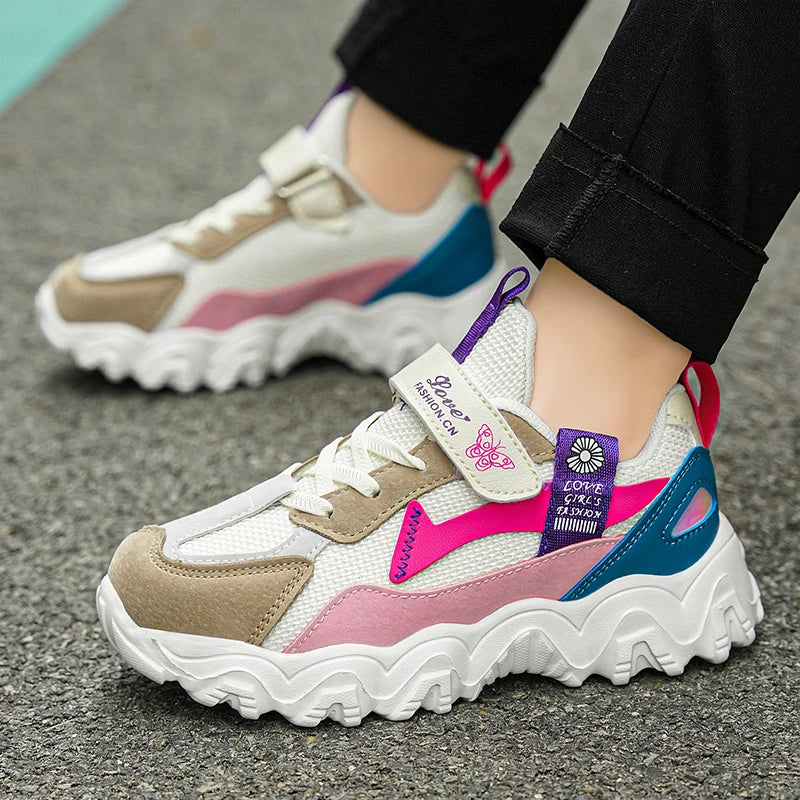 Fashion Children Shoes Girls Sneaker Black Pink PU Leather Platform Casual Sneaker School Tennis Sports Shoes for Girls.