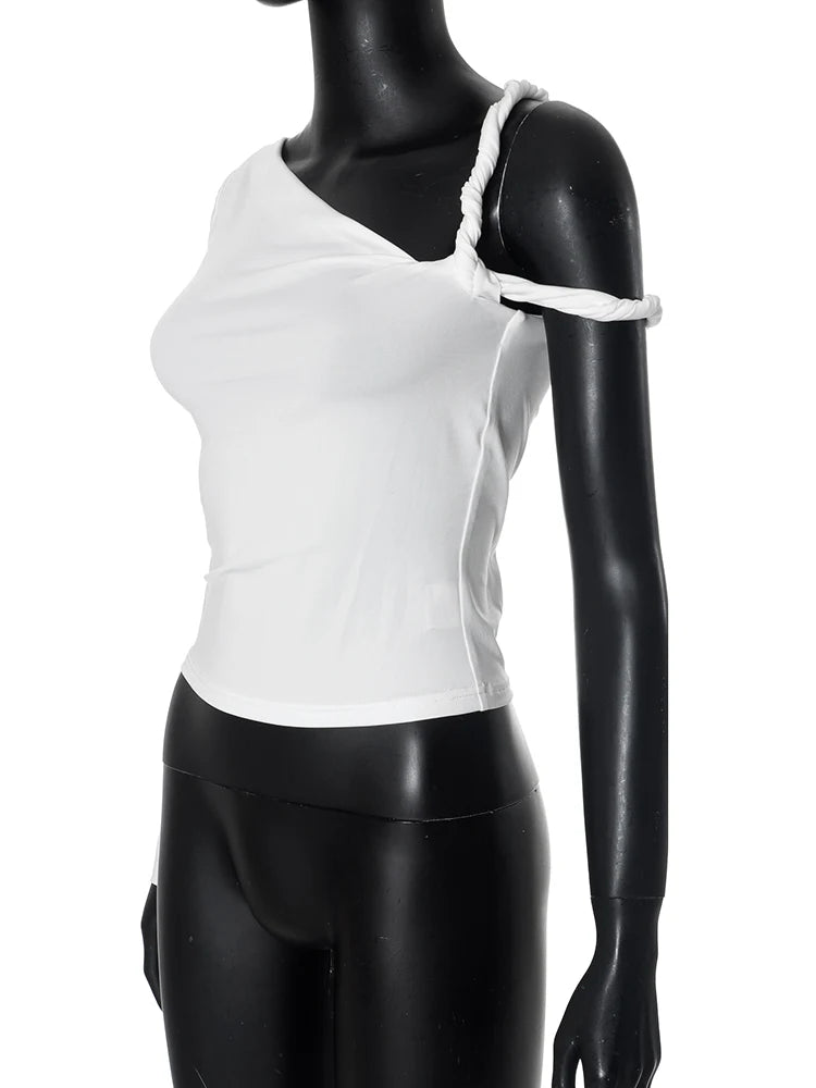 kliou Incline Shoulder Women T-shirts Classic New All-matched Single Sleeve Strap Skinny Crop Tees Mujer Chic Fashion Street Top.