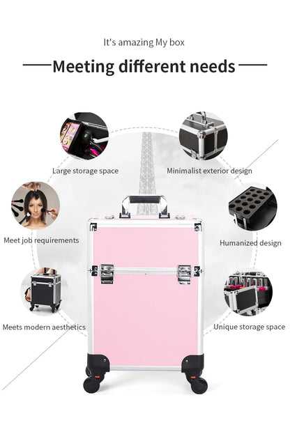 TravelRolling Makeup Train Case Large Capacity Cosmetic Trolley, Aluminum Professional Travel Case with Key.