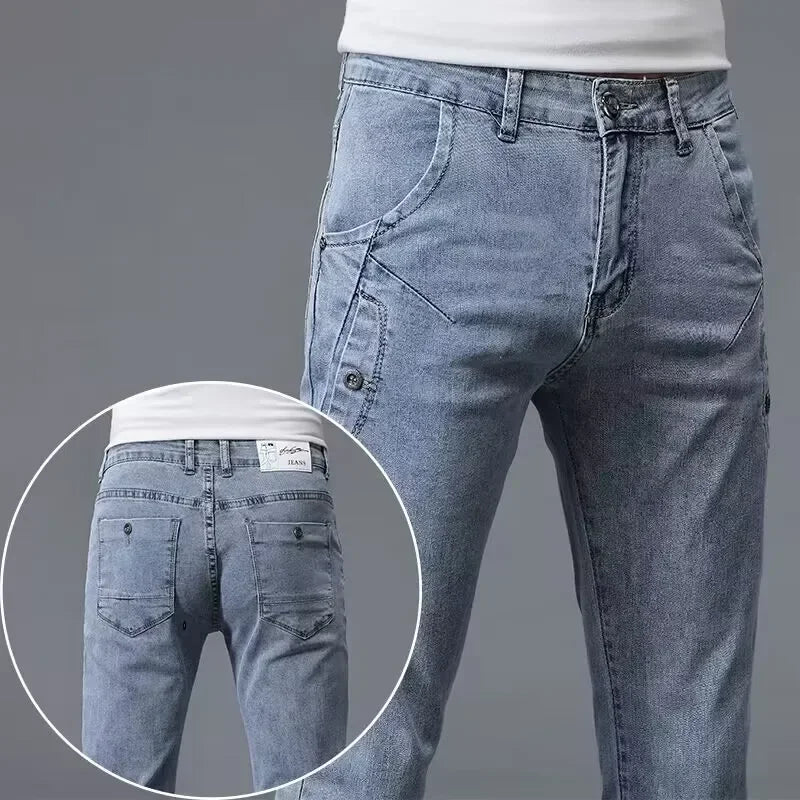 2024 New Men's Skinny Jeans Blue Gray Cotton Elasticity Straight Pencil Foot Slim Fit Fashionable Casual Denim Long Pants Male.