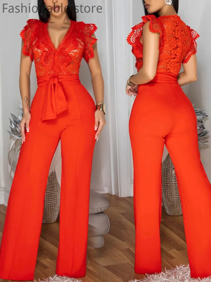 Women's Sexy Sleeveless Lace Patchwork Jumpsuits Solid Color Hollow Out Belted Wide Leg Rompers.