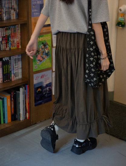 Vintage Black Midi Skirt Women Japanese Harajuku Drawstring Bud Skirts Summer Streetwear Korean Casual Design A Line Faldas New