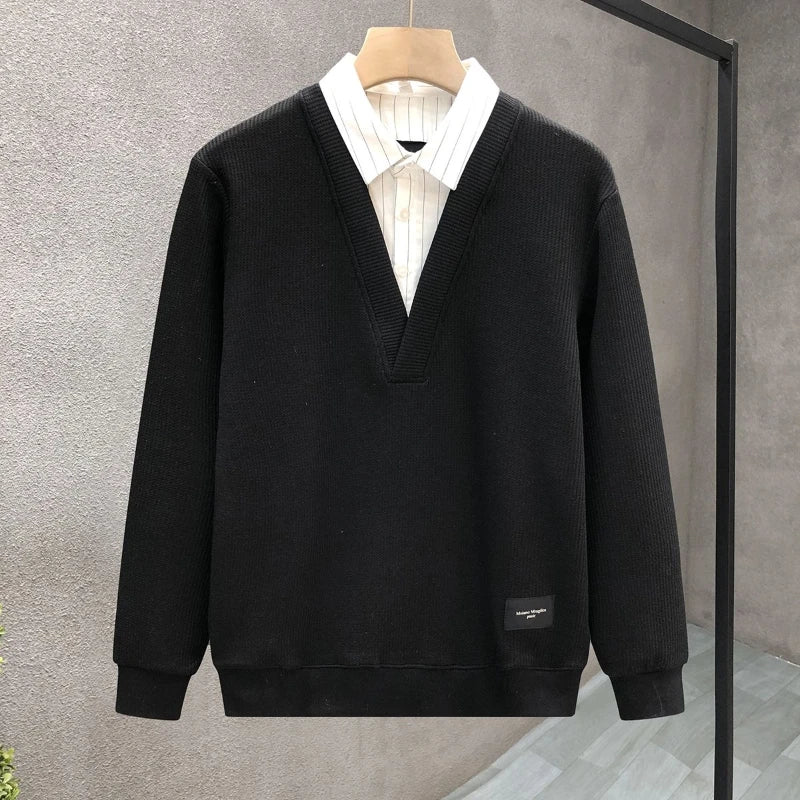 Casual Fake Two-piece Plus Size Hoodies Sweatshirts Spring Autumn Long Sleeve Patchwork Trend Tops Fashion Korean Men Clothing.