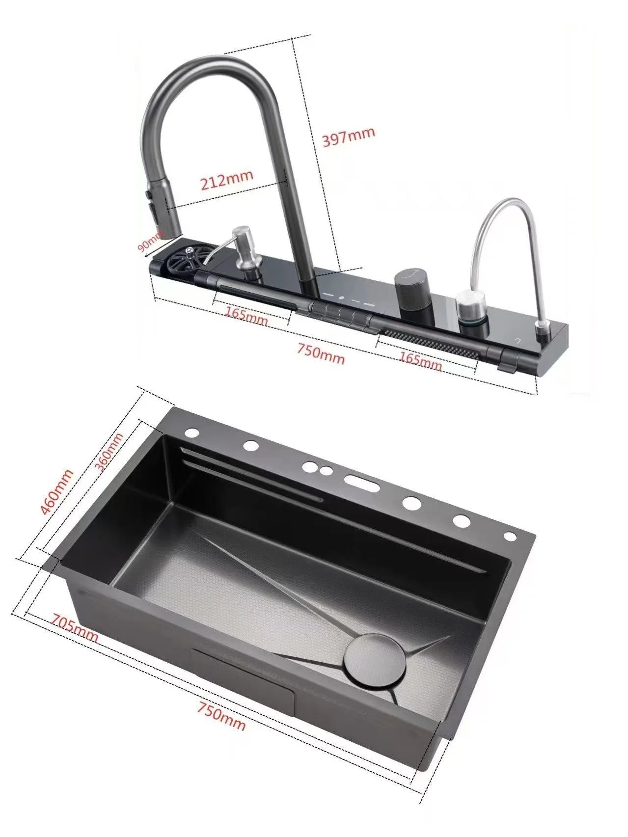 304 Edelstahl Wasserfall Küchen spüle große Einzels chlitz integrierte Digital anzeige Wasserhahn Set Seifensp ender Tasse Waschmaschine