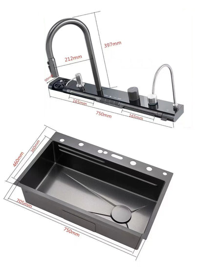 304 Edelstahl Wasserfall Küchen spüle große Einzels chlitz integrierte Digital anzeige Wasserhahn Set Seifensp ender Tasse Waschmaschine