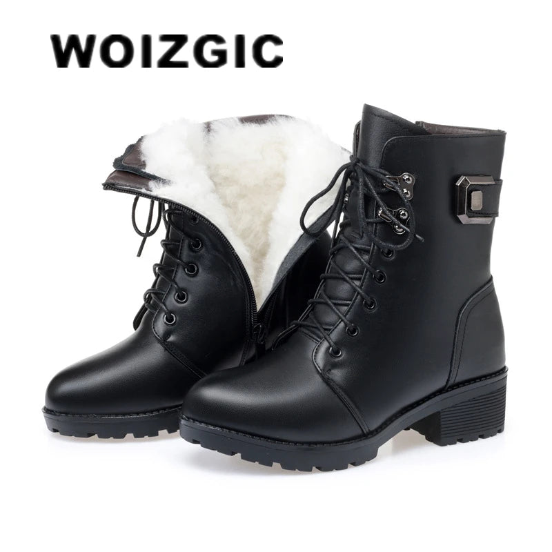 WOIZGIC Female Ladies Women Genuine Leather Ankle Boots Platform Winter Antumn Plush Fur Warm Shoes Plus Size Lace Up 35-43.