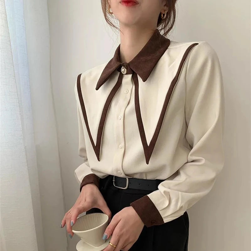 MEXZT Vintage Chiffon Shirts Women Elegant Patchwork Long Sleeve Blouses Office Lady Korean Black Turn Down Collar Casual Tops.