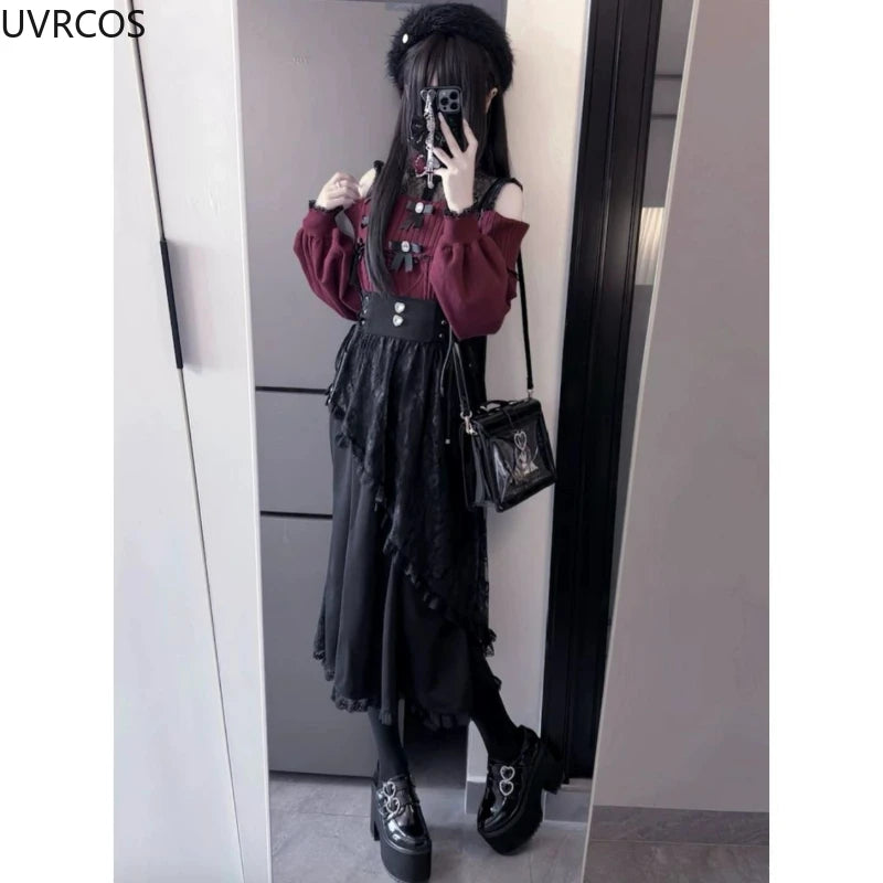 2025 Y2k Aesthetic Harajuku Style Lolita Long Skirt Women Gothic Lace Black Slim Skirts Japanese Jk Pleated Skirt Saia Feminina.