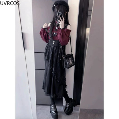 2025 Y2k Aesthetic Harajuku Style Lolita Long Skirt Women Gothic Lace Black Slim Skirts Japanese Jk Pleated Skirt Saia Feminina.