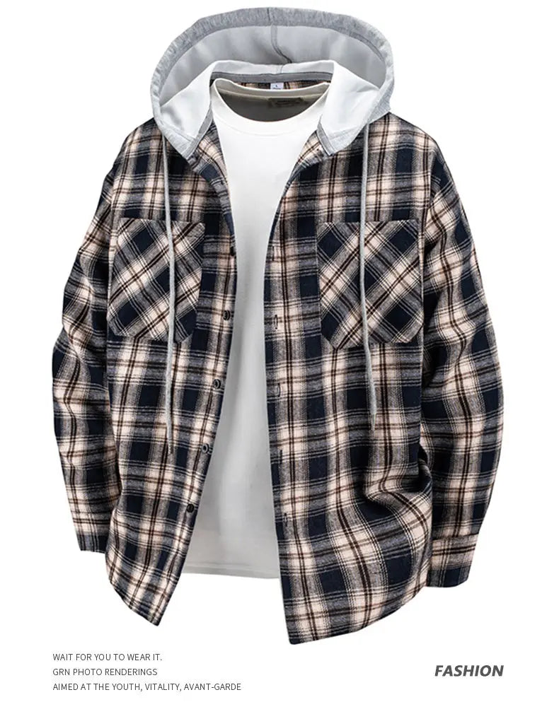 Hooded men's and women's wearable plaid shirts, Japanese shirt jackets for spring and fall, loose-fitting long-sleeve jackets..