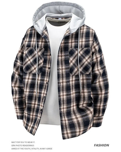 Hooded men's and women's wearable plaid shirts, Japanese shirt jackets for spring and fall, loose-fitting long-sleeve jackets..