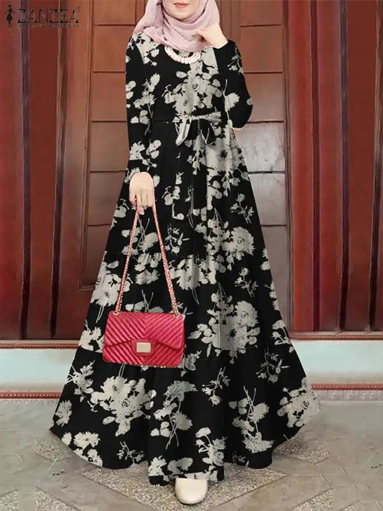 Zanzea Blumen druck böhmischen Maxi kleid Frauen Mode Langarm o Hals abgestufte Vestidos islamische muslimische Gürtel Abaya lange Roben.