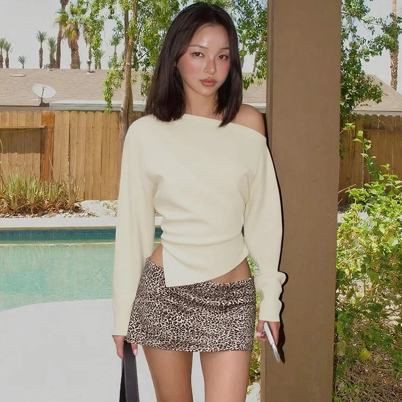 Women Casual Top Fashion Slim Slit Long Sleeve Pullover Top Sexy Strapless Pleated New Party Looks Top Female Streetwear